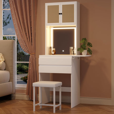 Small Makeup Vanity Desk with Mirror and Lights, Chair, Fold-up Panel, Rattan Cabinet