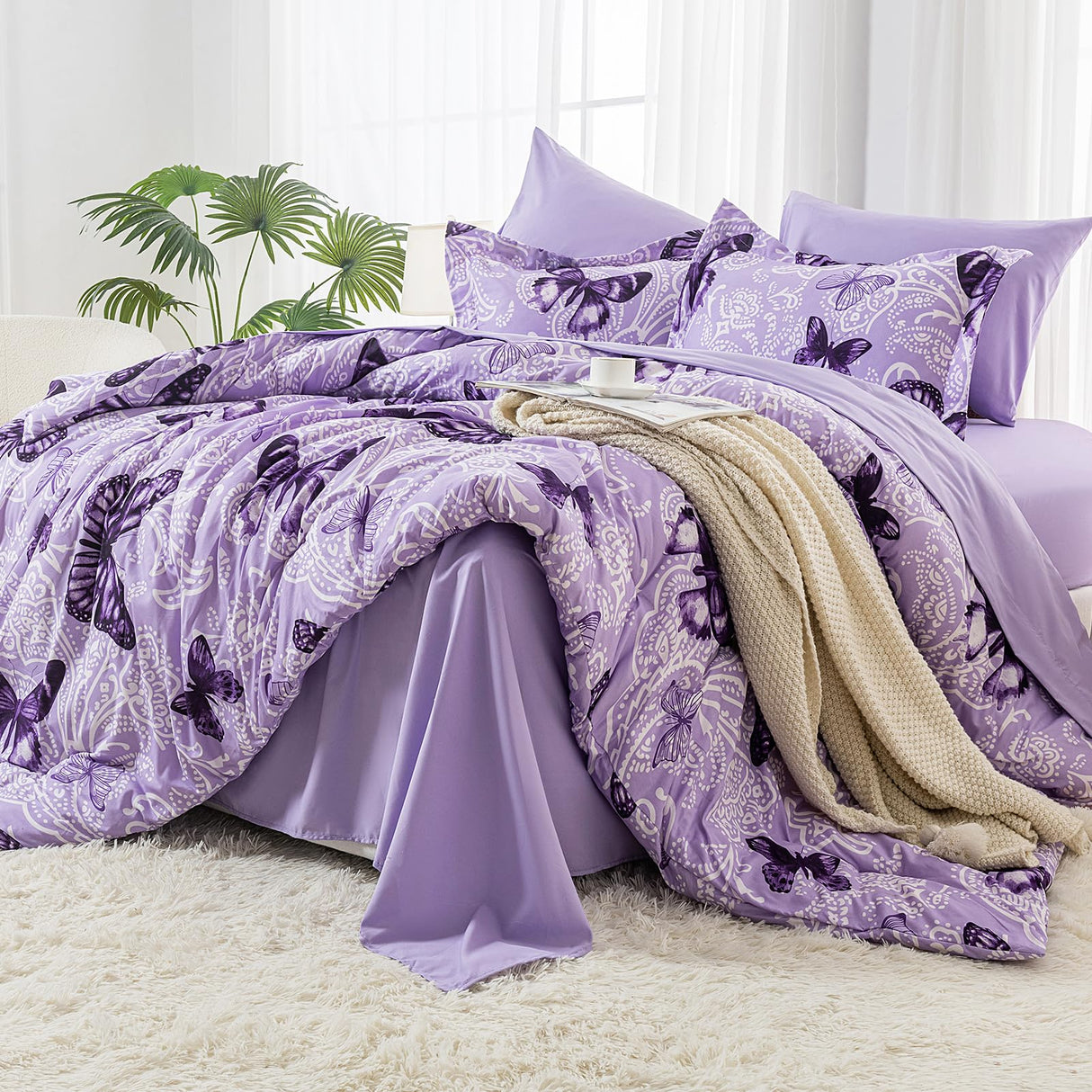 Bed in A Bag King Size 7 Pieces, Purple Paisley Butterfly Bedding Comforter Set All Season