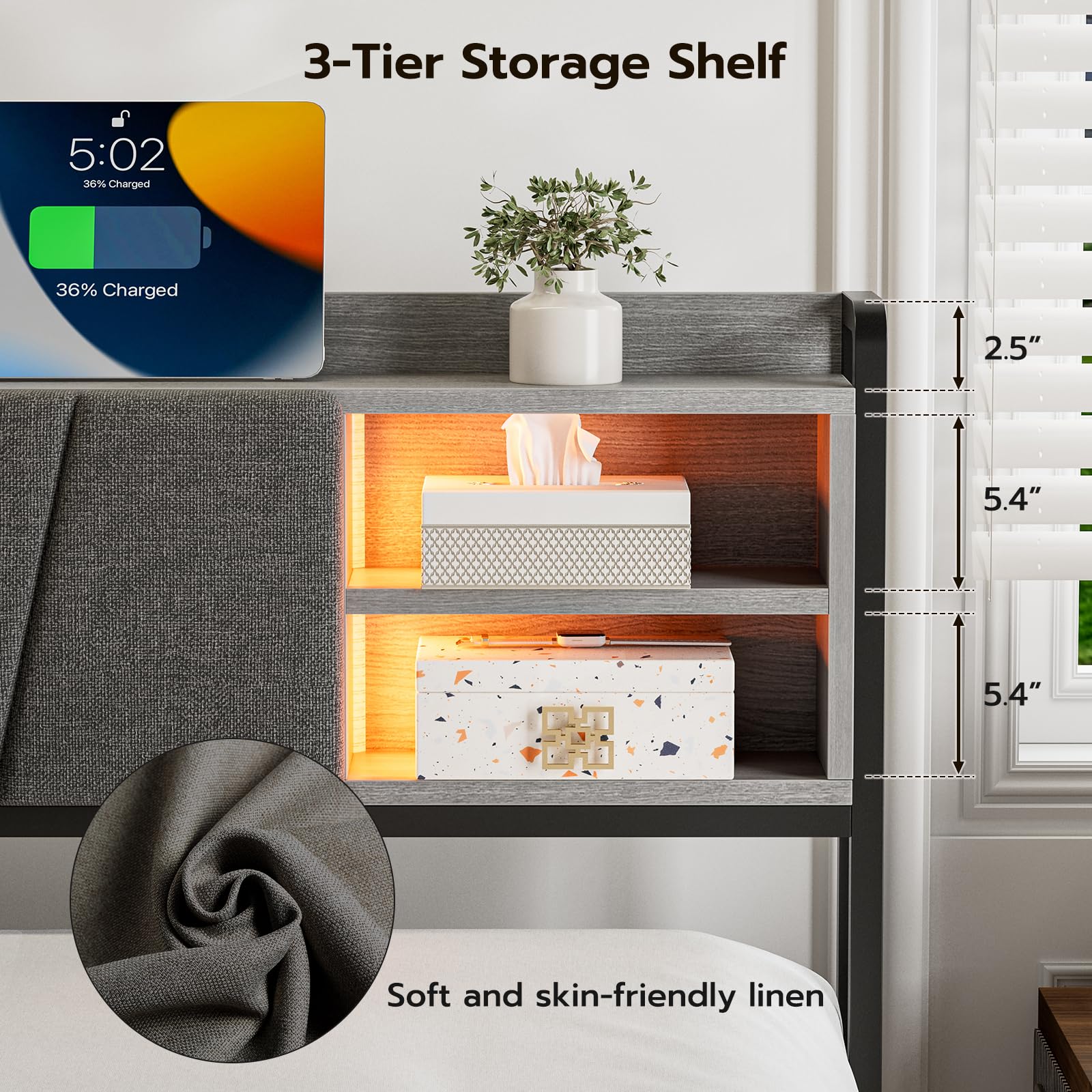 KZNGK California King Bed Frames with Storage Headboard & Charging Station, Upholstered Linen LED Platform Bed with 2 Drawers, No Box Spring Needed,No Noise, Gray