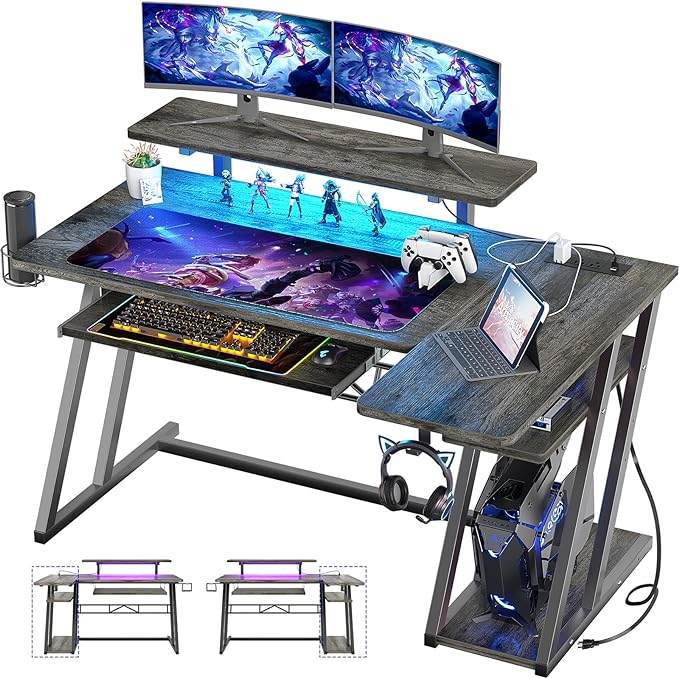 Gaming Desk with Shelves and Outlets, L Shaped Gaming Desk with LED Lights,