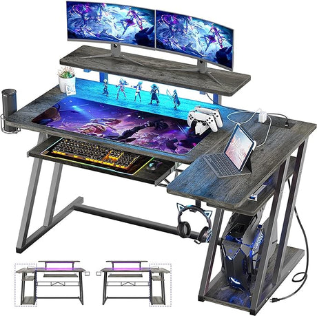 Gaming Desk with Shelves and Outlets, L Shaped Gaming Desk with LED Lights,