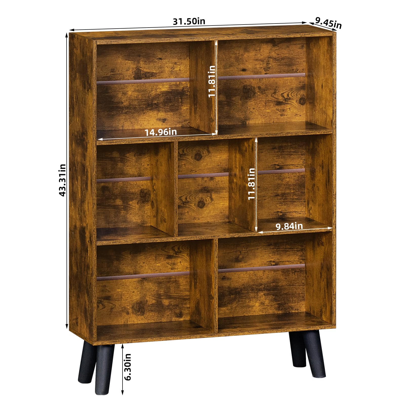 YUFAM Vintage Bookshelf with Legs, 3 Tier Mid Century Modern Standing Book Shelf, 7 Cube Rustic Bookcase with Shelves for Storage and Display in Living Room, Bedroom, Brown