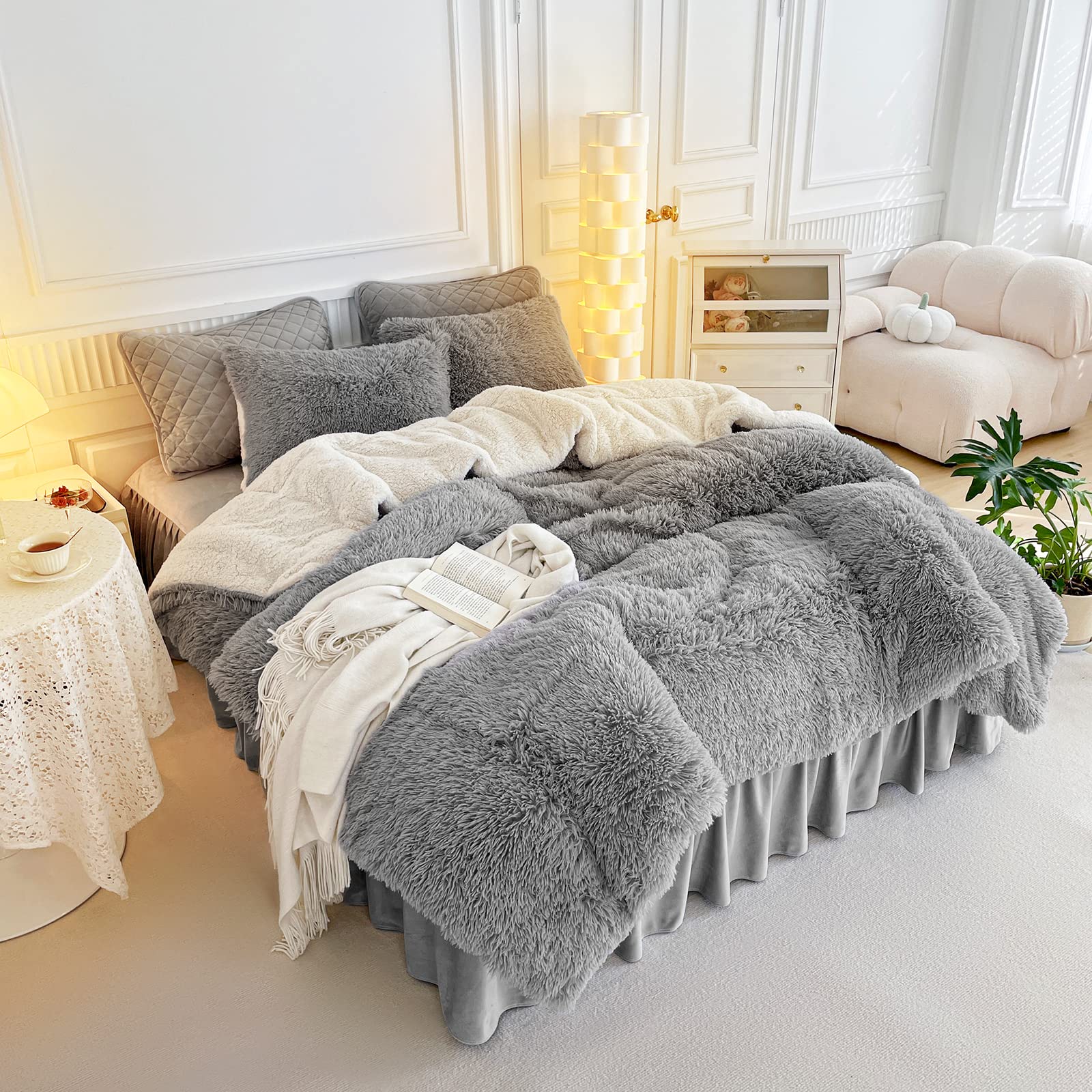 Gray Faux Fur Comforter Set Full/Queen 3 Pieces - 1 Shaggy Comforter 90x90 and