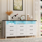 White Dresser for Bedroom 9 Drawer Dresser with LED Lights, 63" Long Dresser Chest