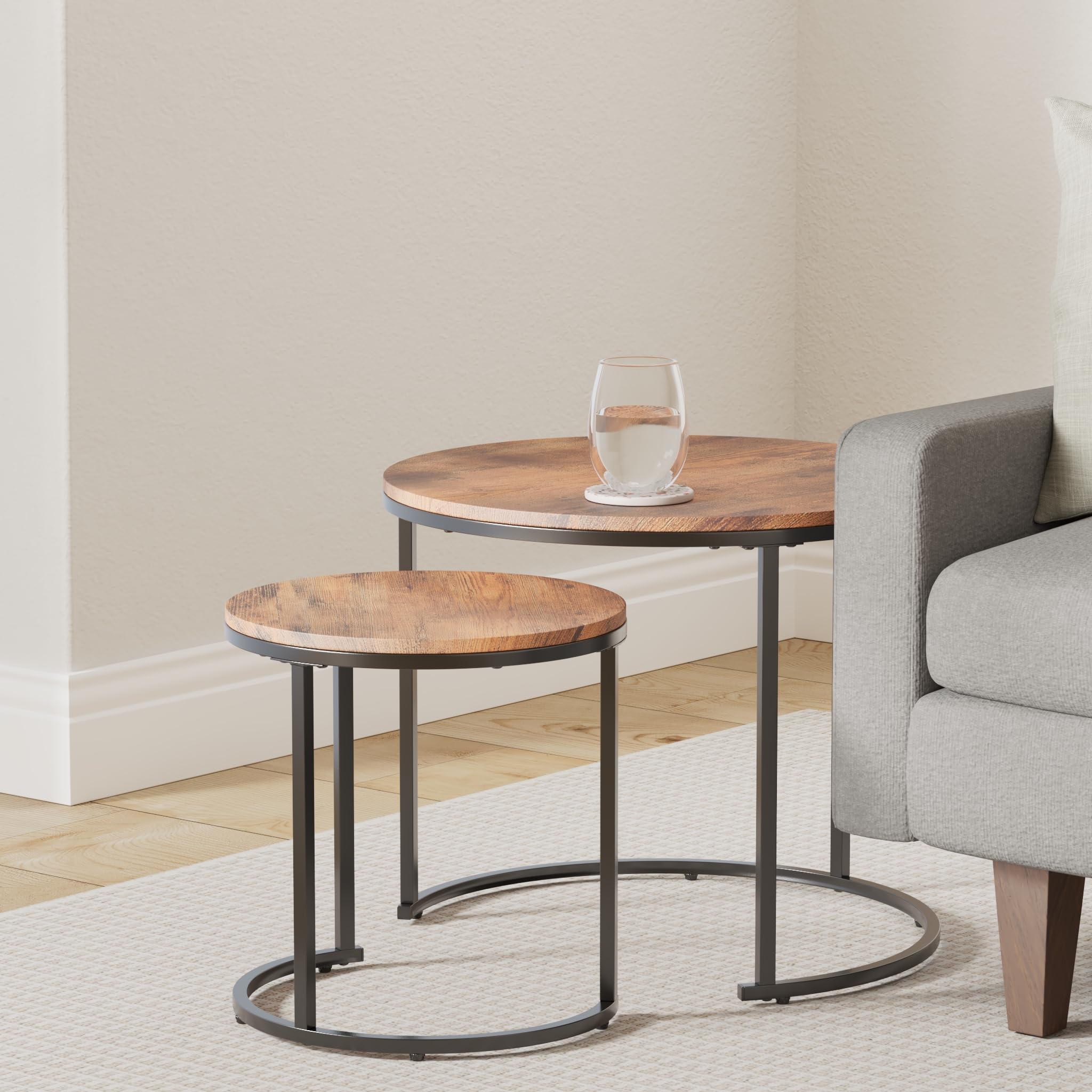 Nesting Coffee Table Set of 2, Round Stacking Side Tables w/Wooden Tabletop