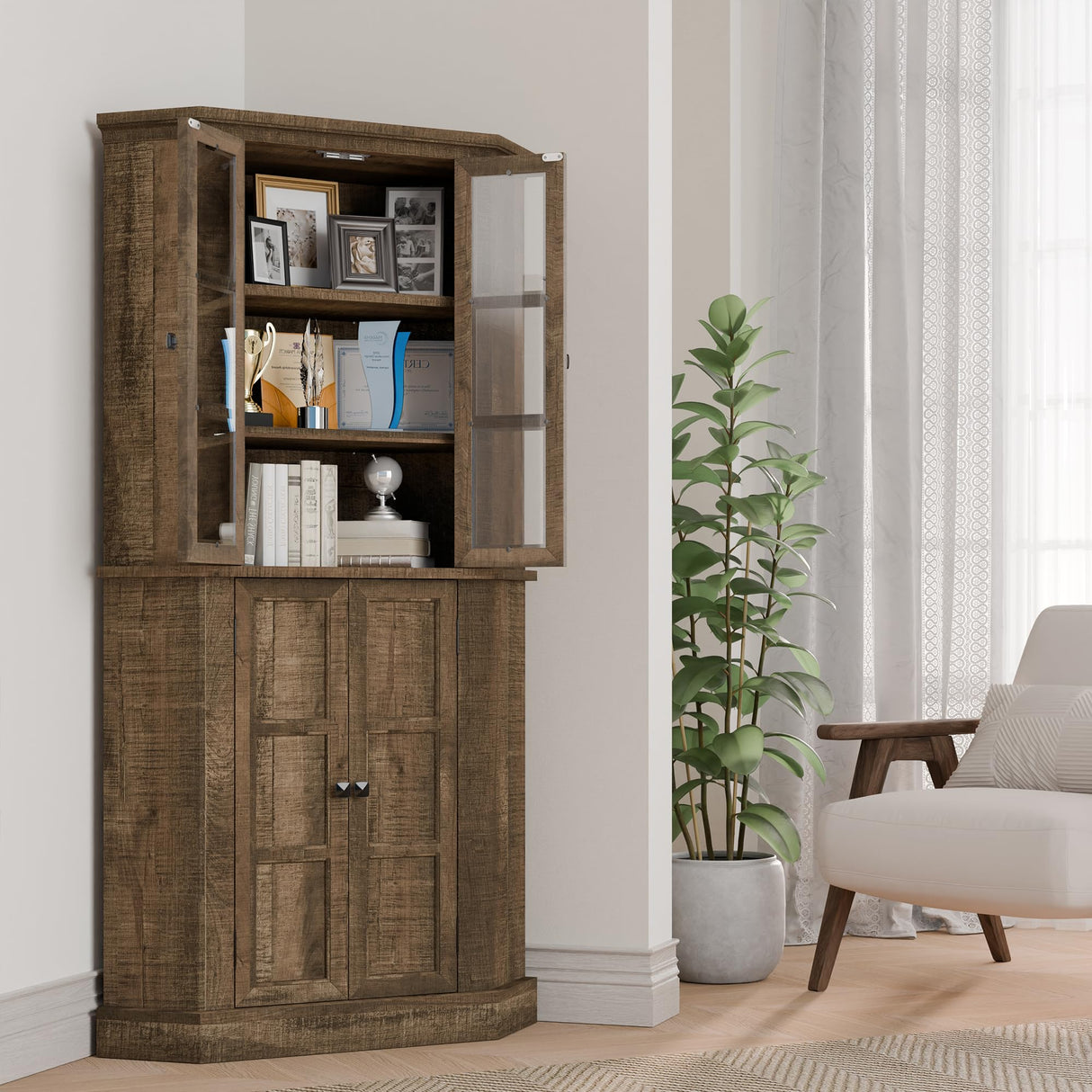 Corner Storage Cabinet, 67" Kitchen Corner Pantry Cabinet with Glass Doors, Farmhouse