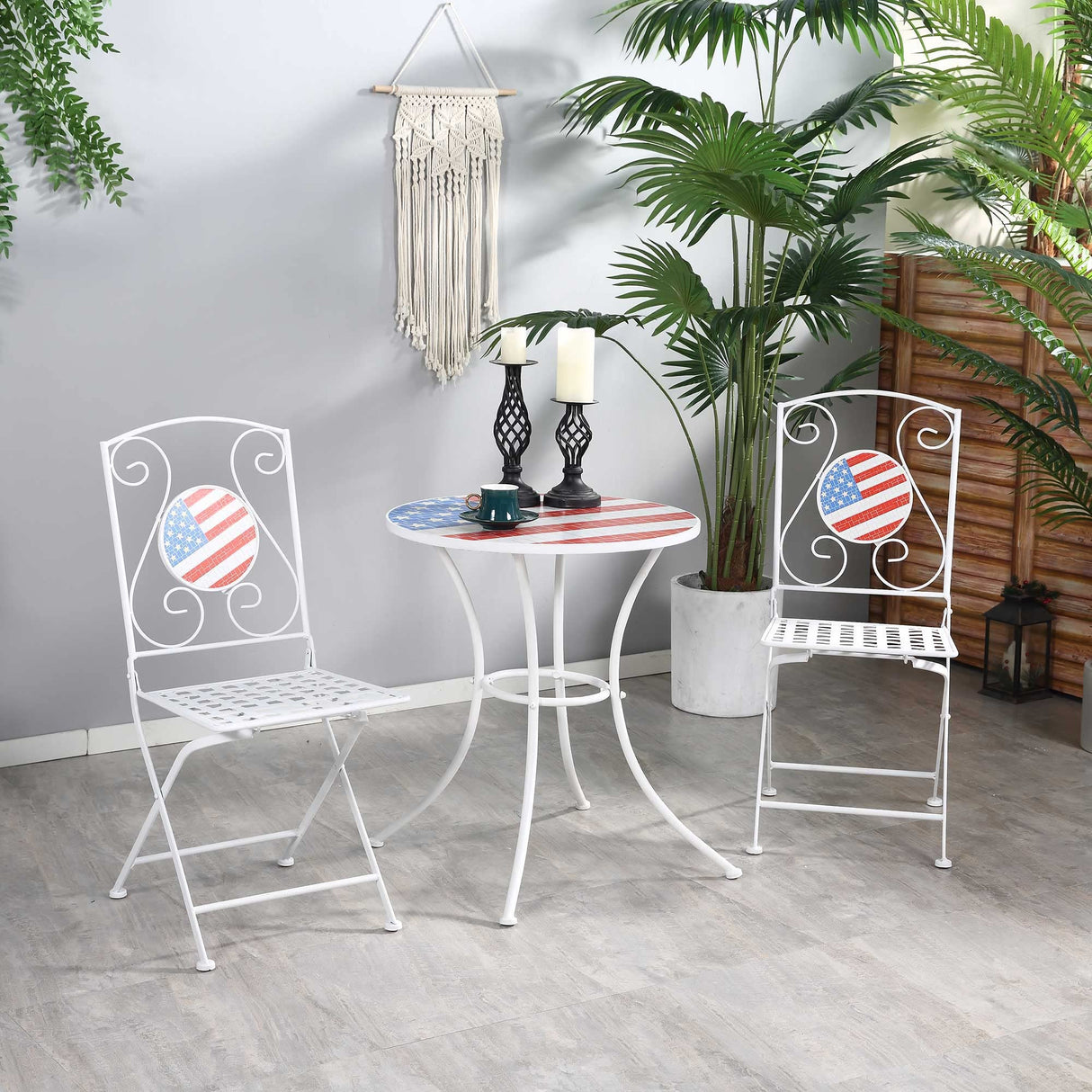 3 Piece Patio Bistro Set, Folding Outdoor Furniture with USA Mosaic Table and Chairs
