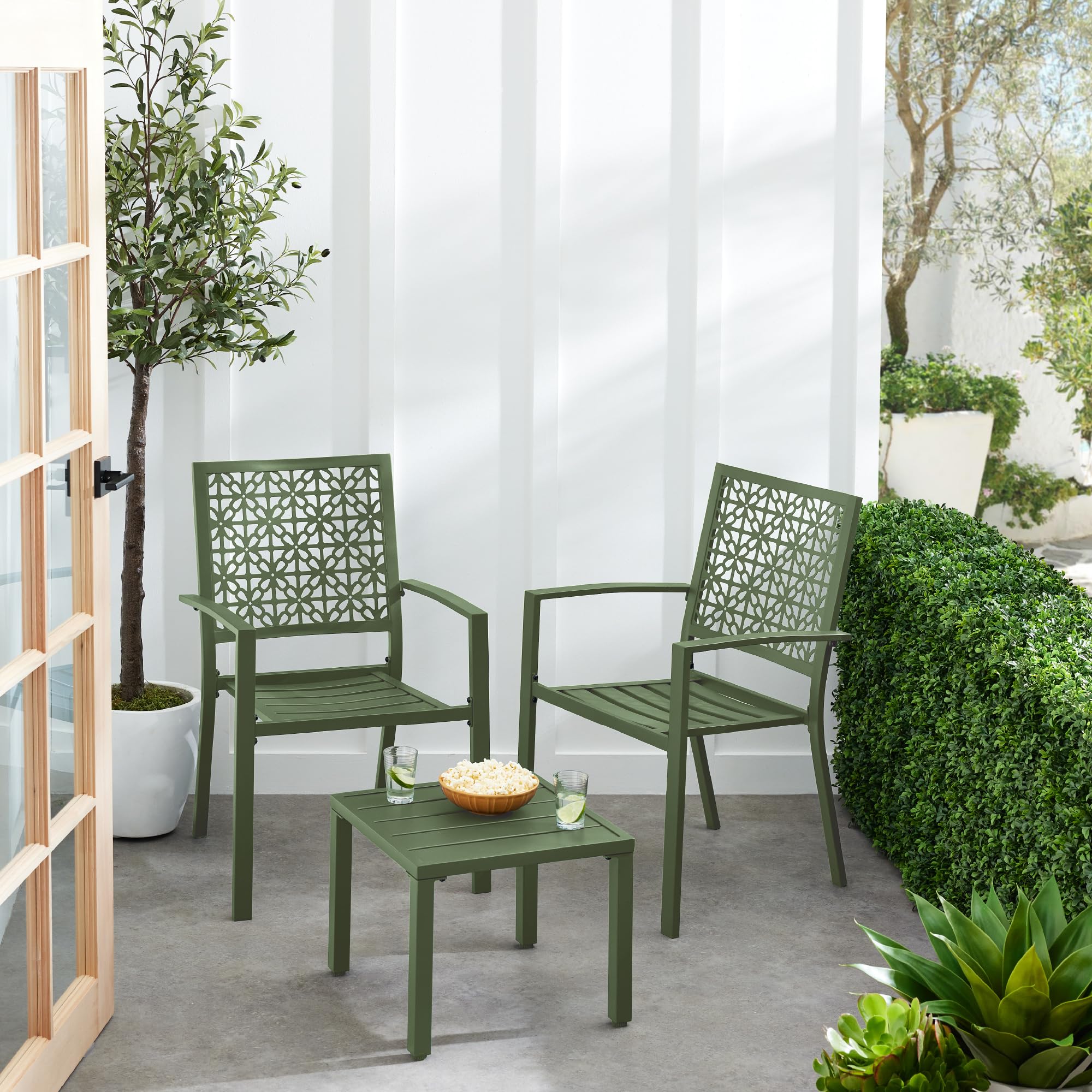 3-Piece Outdoor Bistro Set, Stackable Modern Steel Furniture for Porch, Garden w/ 2 Chairs