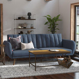 Brittany Sofa Futon, Premium Linen Upholstery and Wooden Legs, Blue Linen