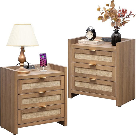 Night Stand Set of 2 - Rattan Nightstands with Type-C Charging Station, 2 Rattan Drawers