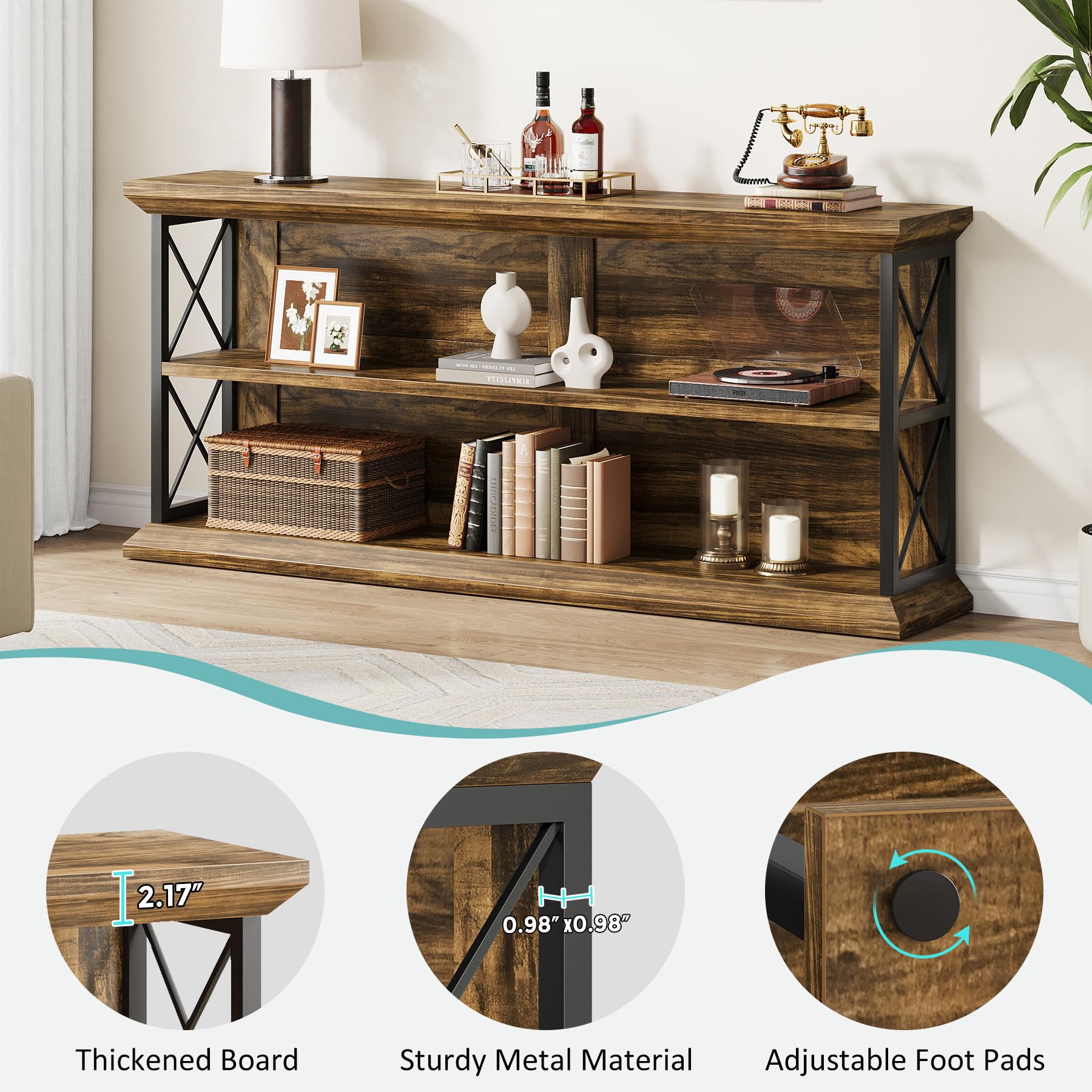63-Inch 3-Tier Console Table with Storage - Brown Wood Entryway Sofa Table