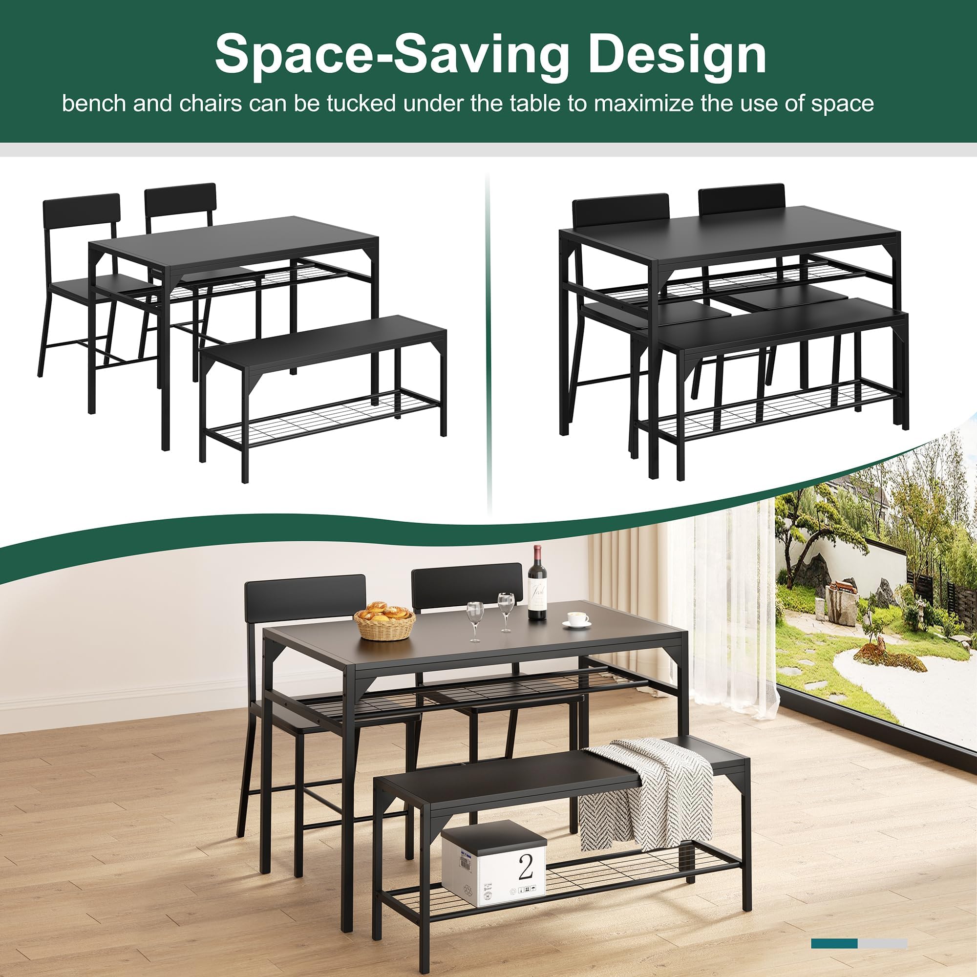 4-Piece Dining Table Set with Bench & Chairs - Black