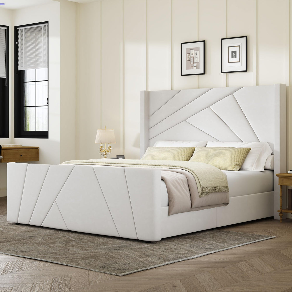 Queen Velvet Platform Bed with Geometric Tufted Headboard