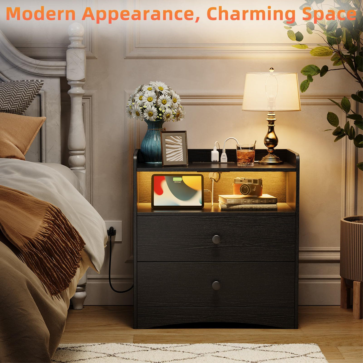 Nightstand with Charging Station and LED Light