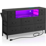 Dresser with Power Outlets and LED Lights, 10 Drawers Dresser with Side Pocket