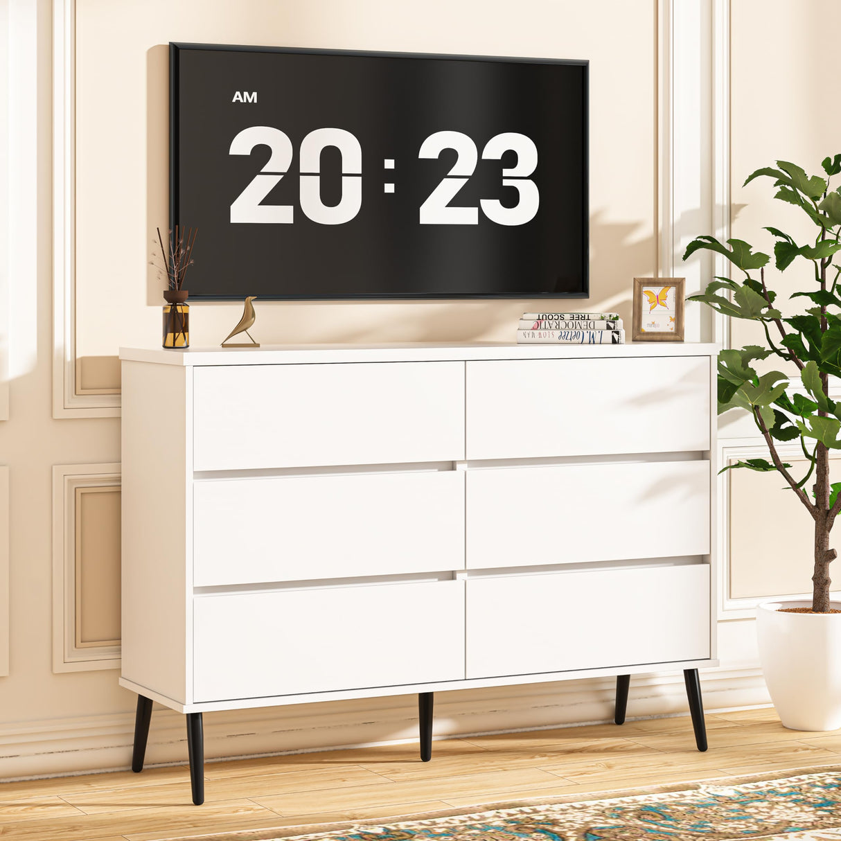 White Dresser for Bedroom, 6 Drawer Modern Double Dresser with Invisible Handles