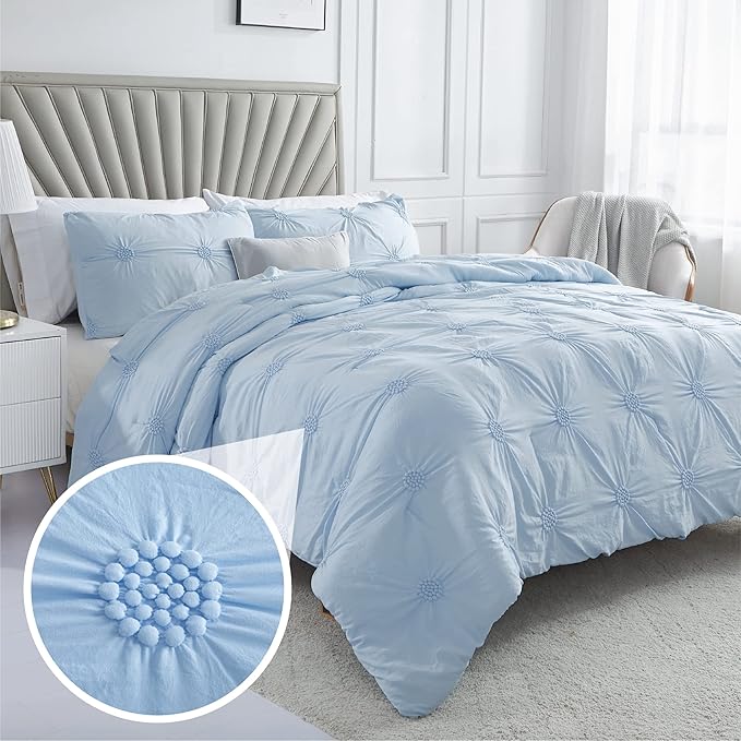 King Gray Comforter Set - Ruched 3D Floral Pintuck Bedding Set - 3 Pieces Bed Linen, 1 Comforter and 2 Pillow Shams