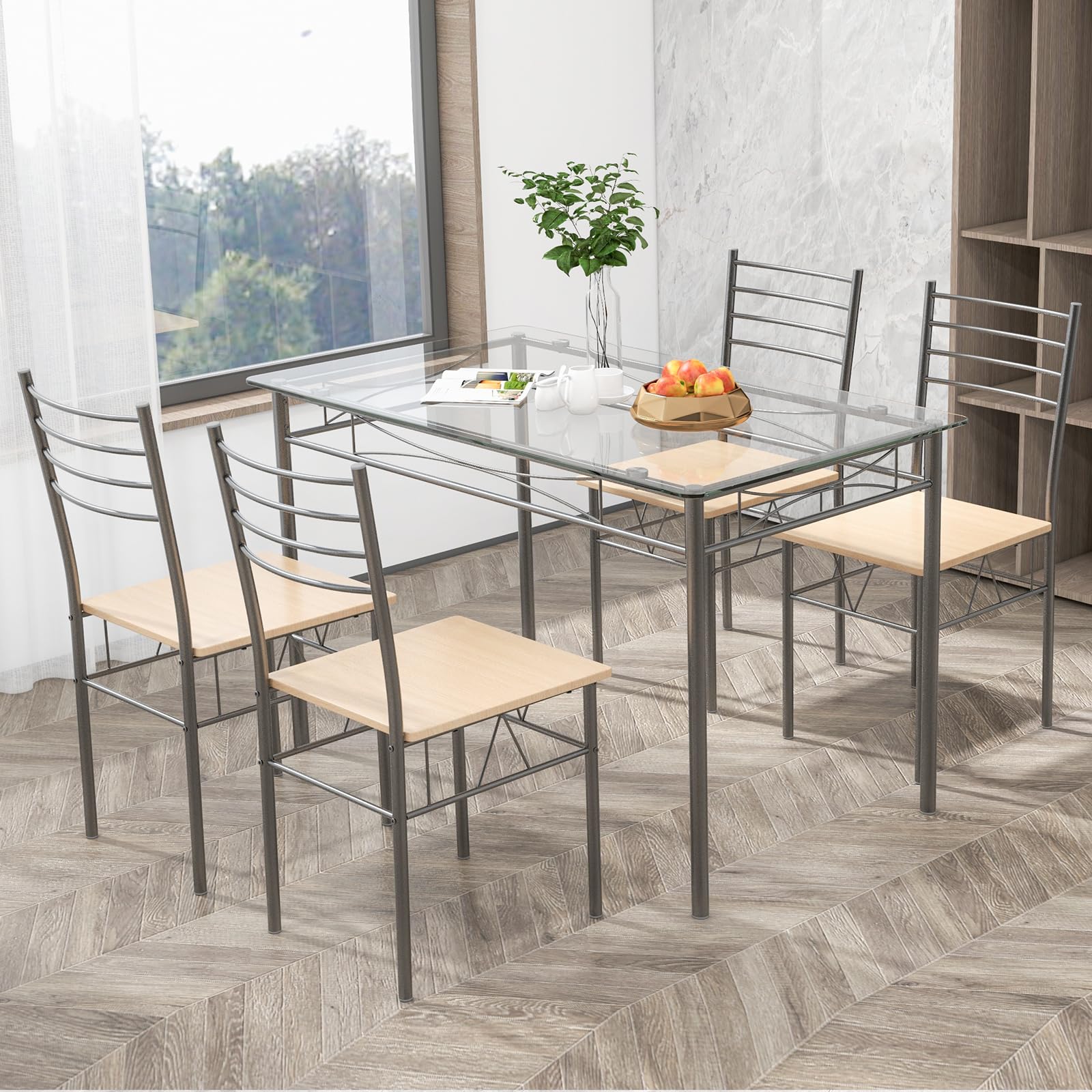 5-Piece Glass Dining Table Set with 4 Chairs