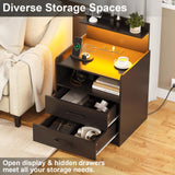 LED Nightstand with Charging Station, Night Stand with 2 Drawers and Open Storage