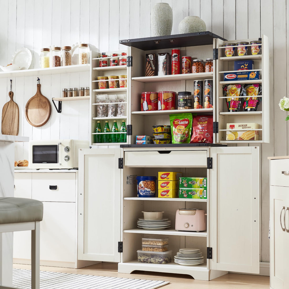 ACCOHOHO 72" Tall Kitchen Pantry, Farmhouse Storage Cabinet with Barn Doors, Organizer, Drawer and Adjustable Shelves, Rustic Wood Cupboard for Kitchen, Dining Room, Bathroom, Off White