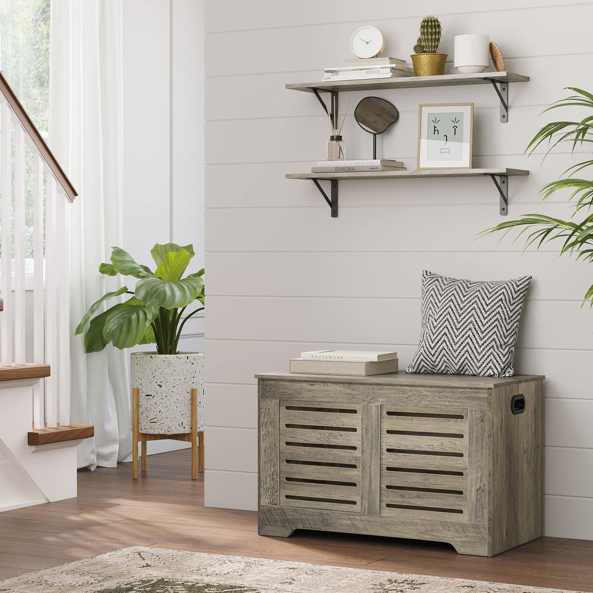 Storage Chest, Flip-Top Wooden Toy Box with 2 Safety Hinges