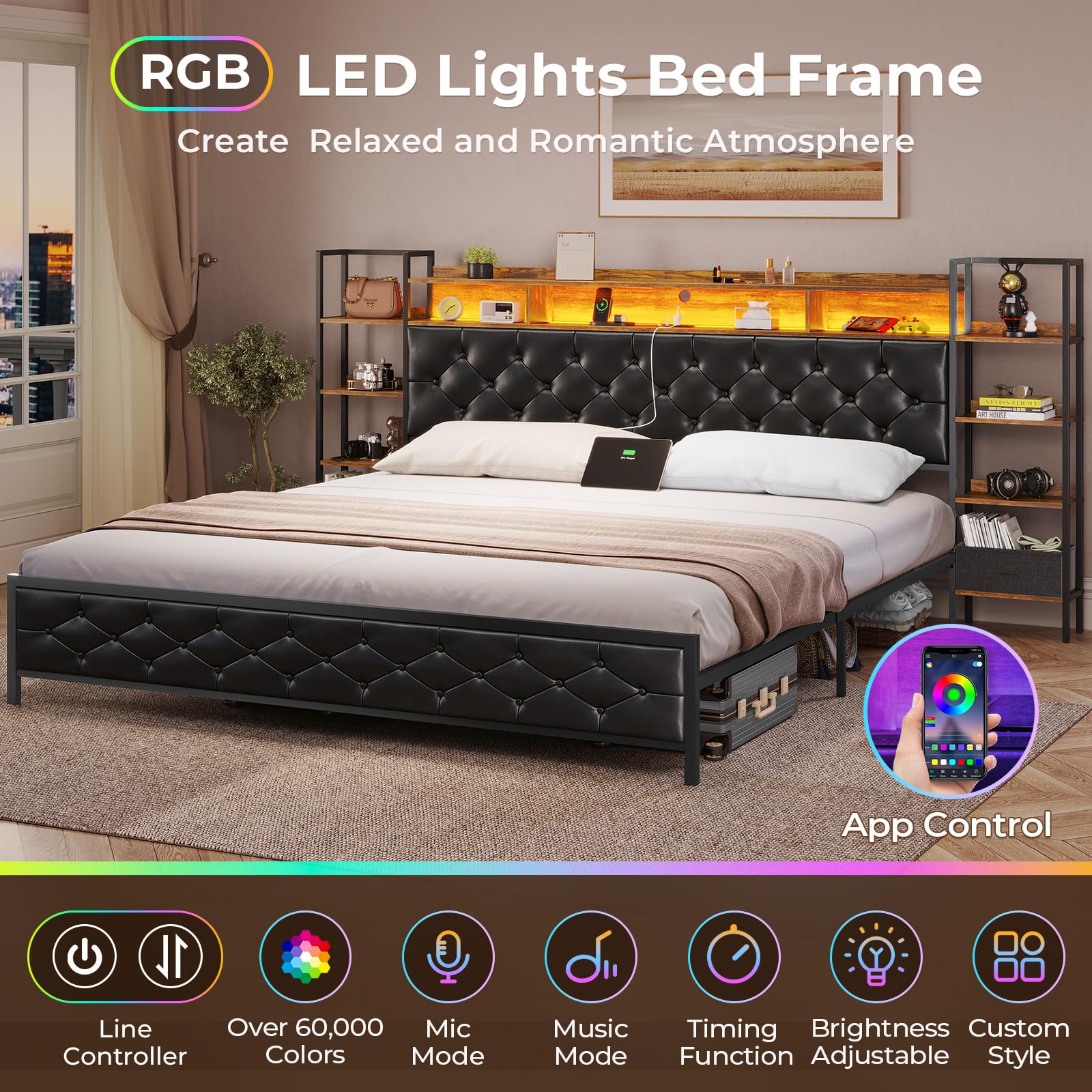 Bed Frame King Size with Bookcase Storage Headboard and Charging Station King