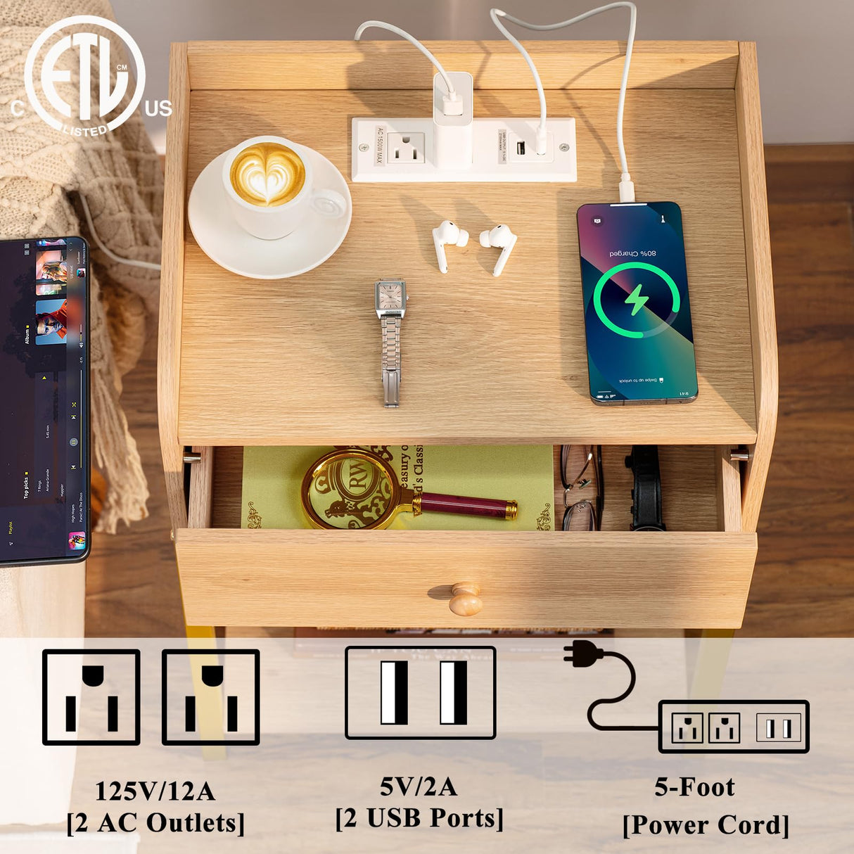 Nightstand with Charging Station and USB Ports, Natural Night Stand with Storage Drawers