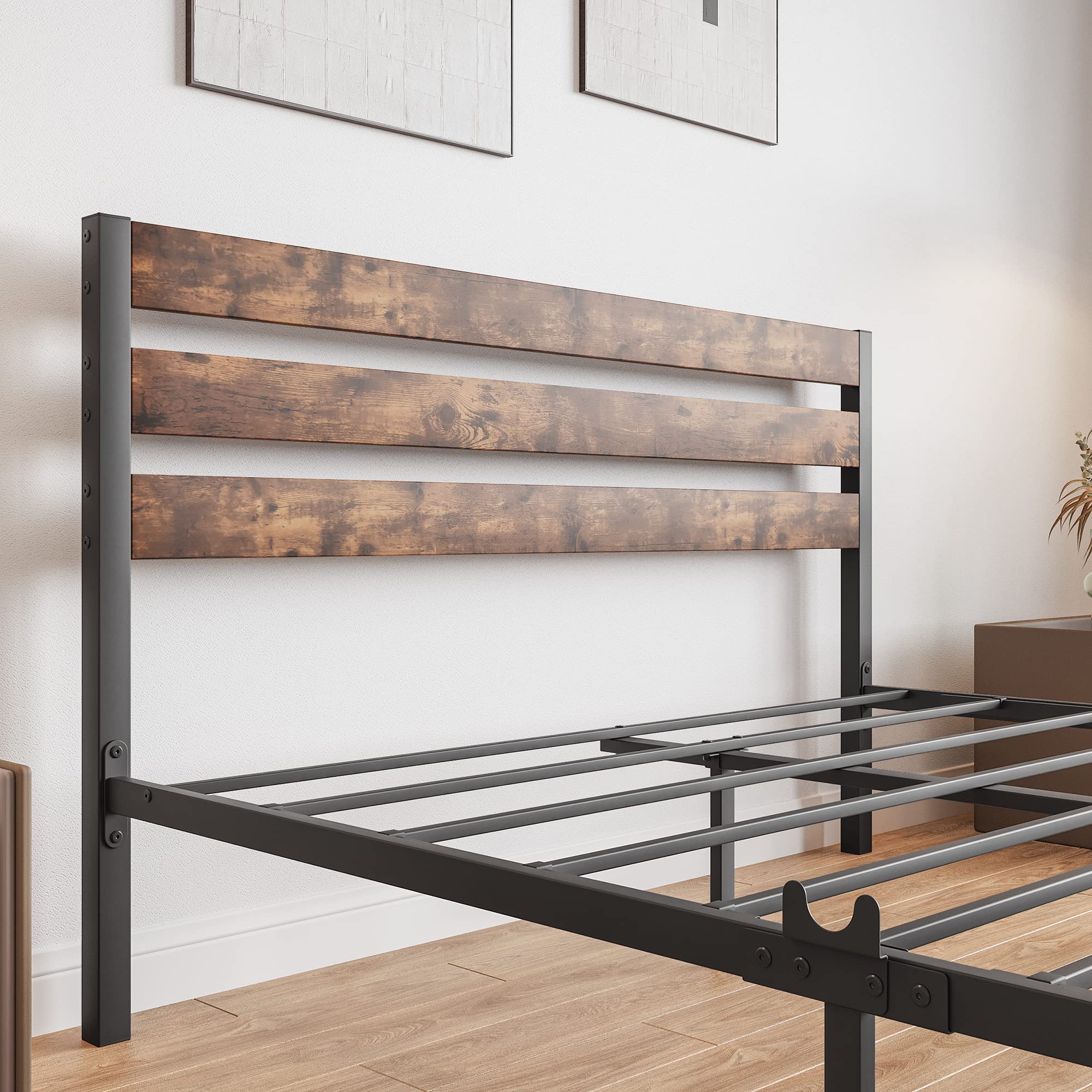 Queen Bed Frame with Vintage Wood Headboard,Mattress
