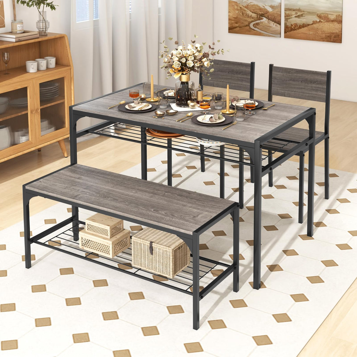 4 Pieces Dining Table Set, Kitchen Table and 2 Chairs for 4 with Bench, Storage Racks,