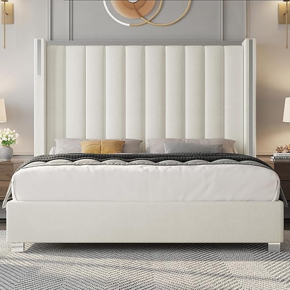 King Velvet Platform Bed with 58" Tufted Wingback Headboard
