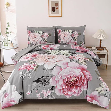 Khaki Comforter Set King Size 7 Pieces Floral Bed in a Bag Taupe Flower Green Leaves Bed Comforter Set Soft Bedding Sets for All Season with Flat Sheet, Fitted Sheets, Pillowcases & Shams