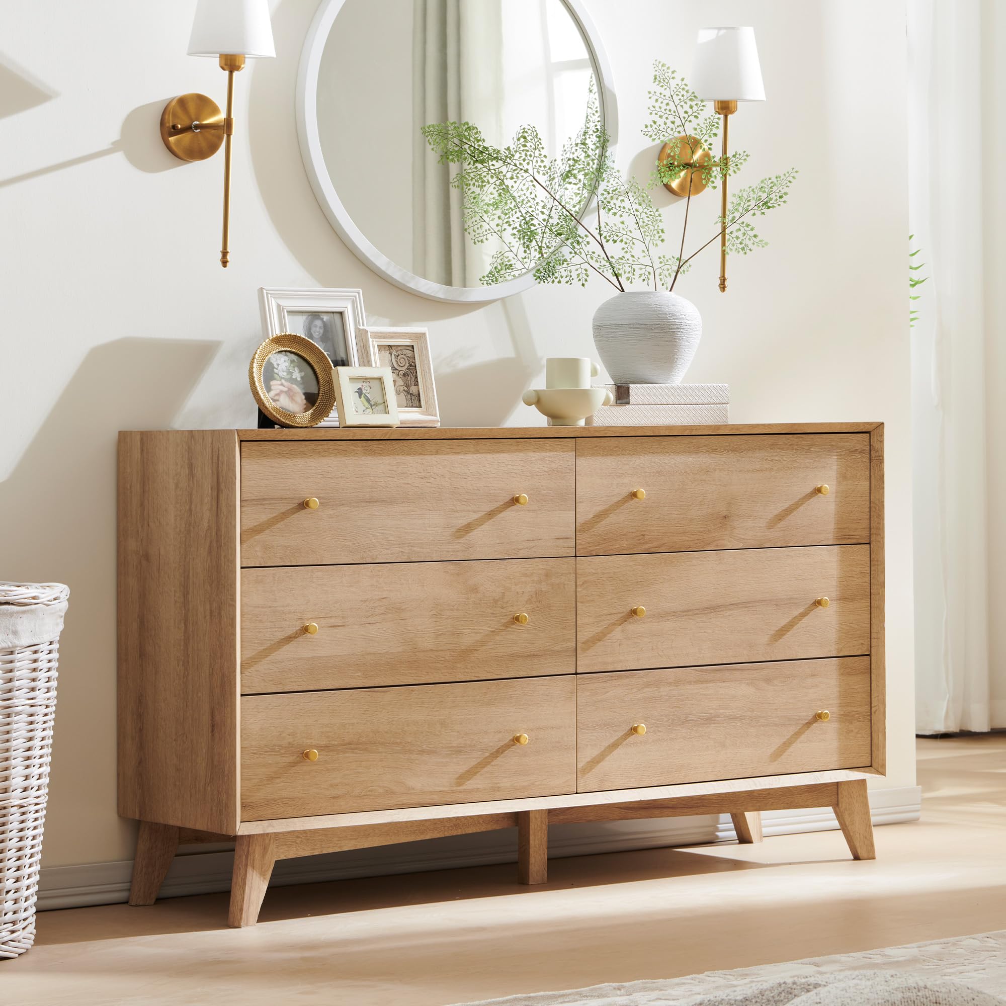 6 Drawer Dresser, 54" Wide Mid Century Modern Chest of Drawers