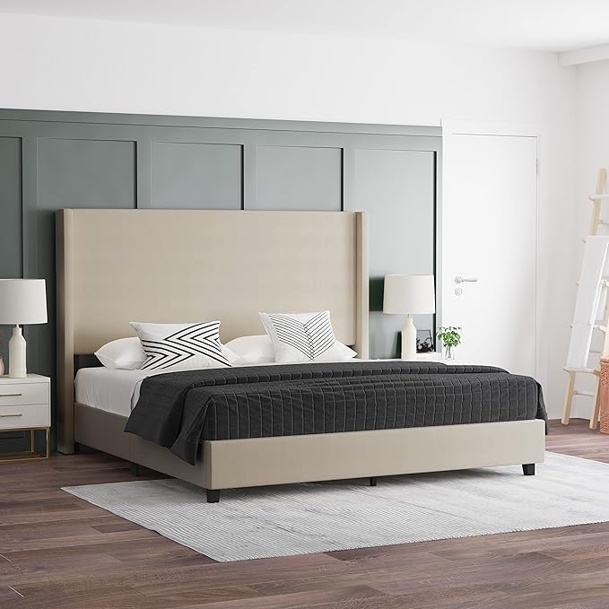 Nora Wingback Platform Bed - Beige Faux Linen Upholstery - Durable Engineered