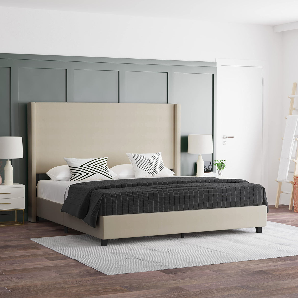 Nora Wingback Platform Bed - Beige Faux Linen Upholstery - Durable Engineered