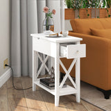 End Table with Charging Station, Narrow Side Table with USB Ports and Outlets