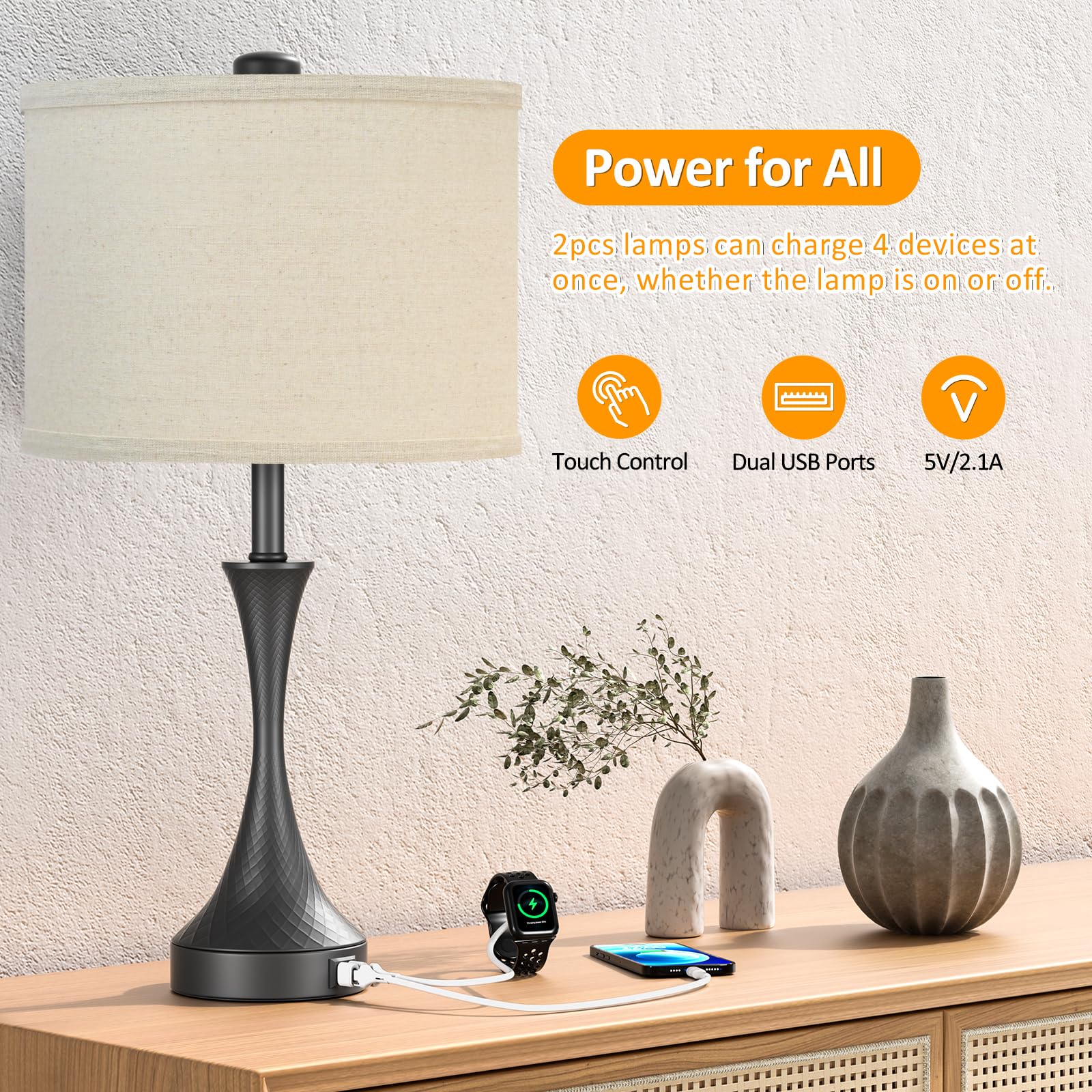 26" Farmhouse Black Touch Table Lamps Set of 2 with USB Ports