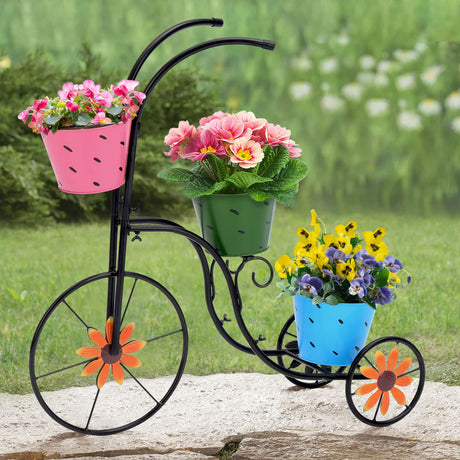 Bicycle Planter Stand, Metal Flower Pot Cart Holder with 3 Plant Bucket Outdoor Decorative