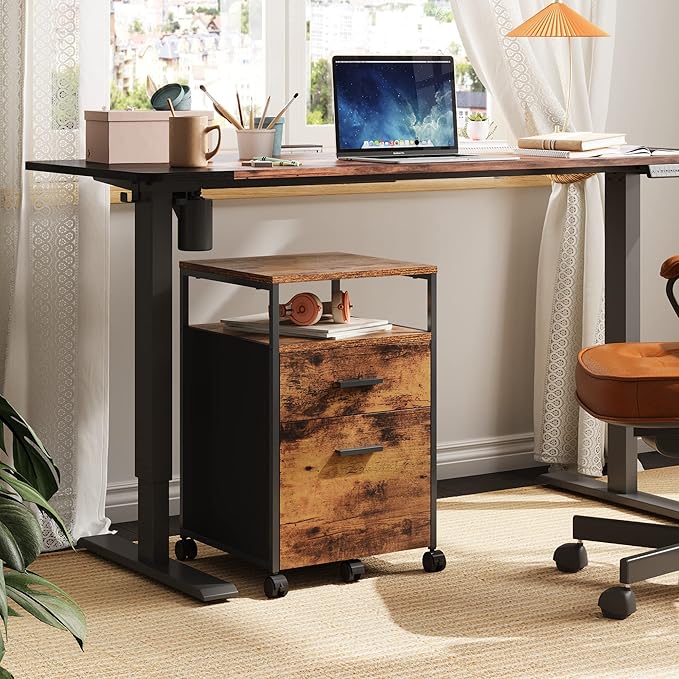 2 Drawer File Cabinet, Mobile Printer Stand with Open Storage Shelf