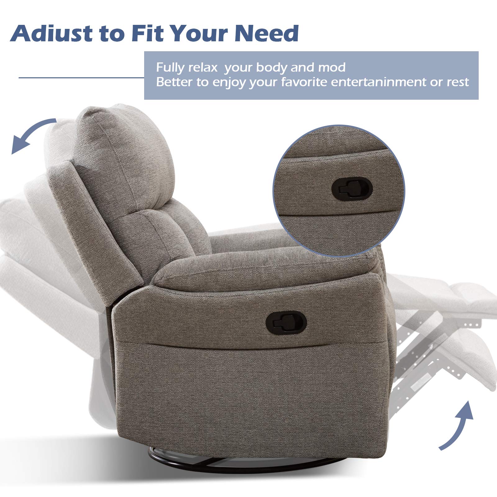 RelaxGlide Silver Manual Swivel Rocker Recliner Chair with Wing Back Design