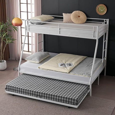 Twin Over Full Bunk Bed with Trundle, Triple Bunk Beds with Metal Frame