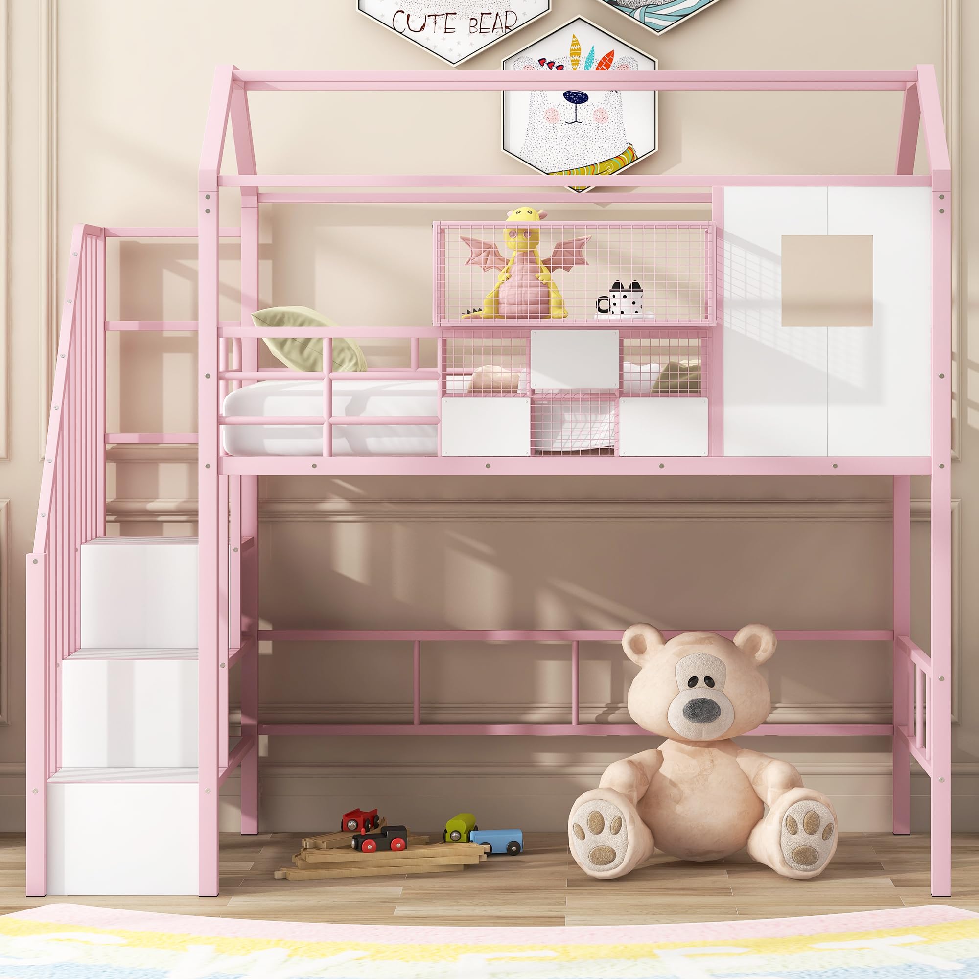 Twin Loft Bed with Stairs, Roof, Window and Full-Length Guardrail, House Loft Bed/Heavy