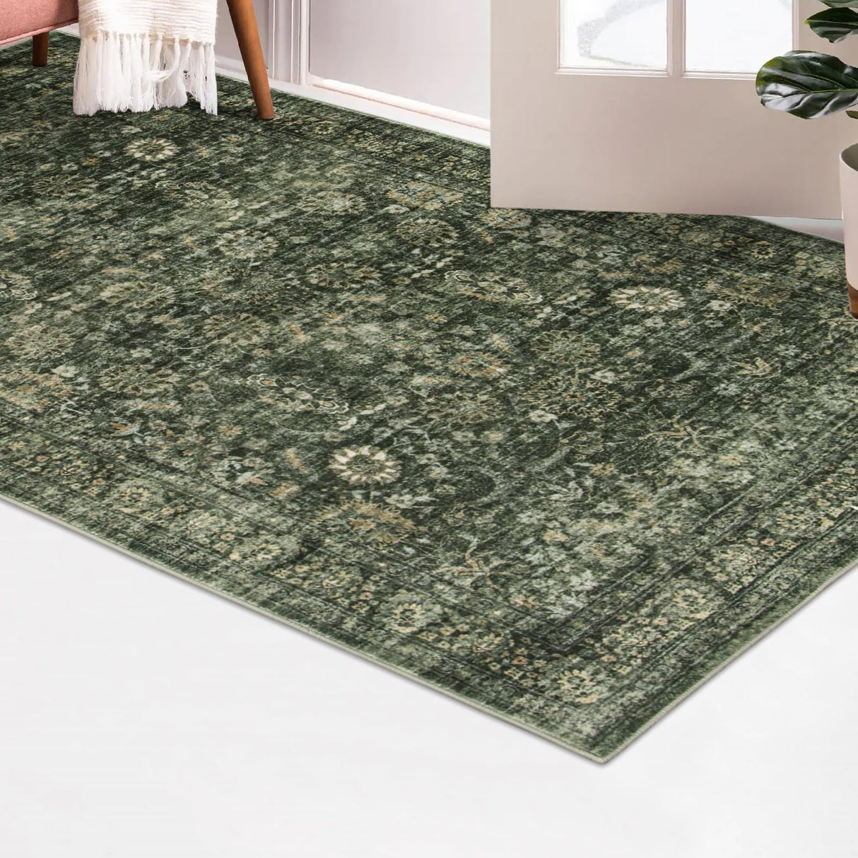 Morebes Vintage Throw Rugs, Boho 3x5 Washable Rug Non Slip,Soft Area Rug for Bedroom,Distressed Non-Shedding Floral Rug for Entryway Kitchen Foyer Bedside Playroom,Dark Green