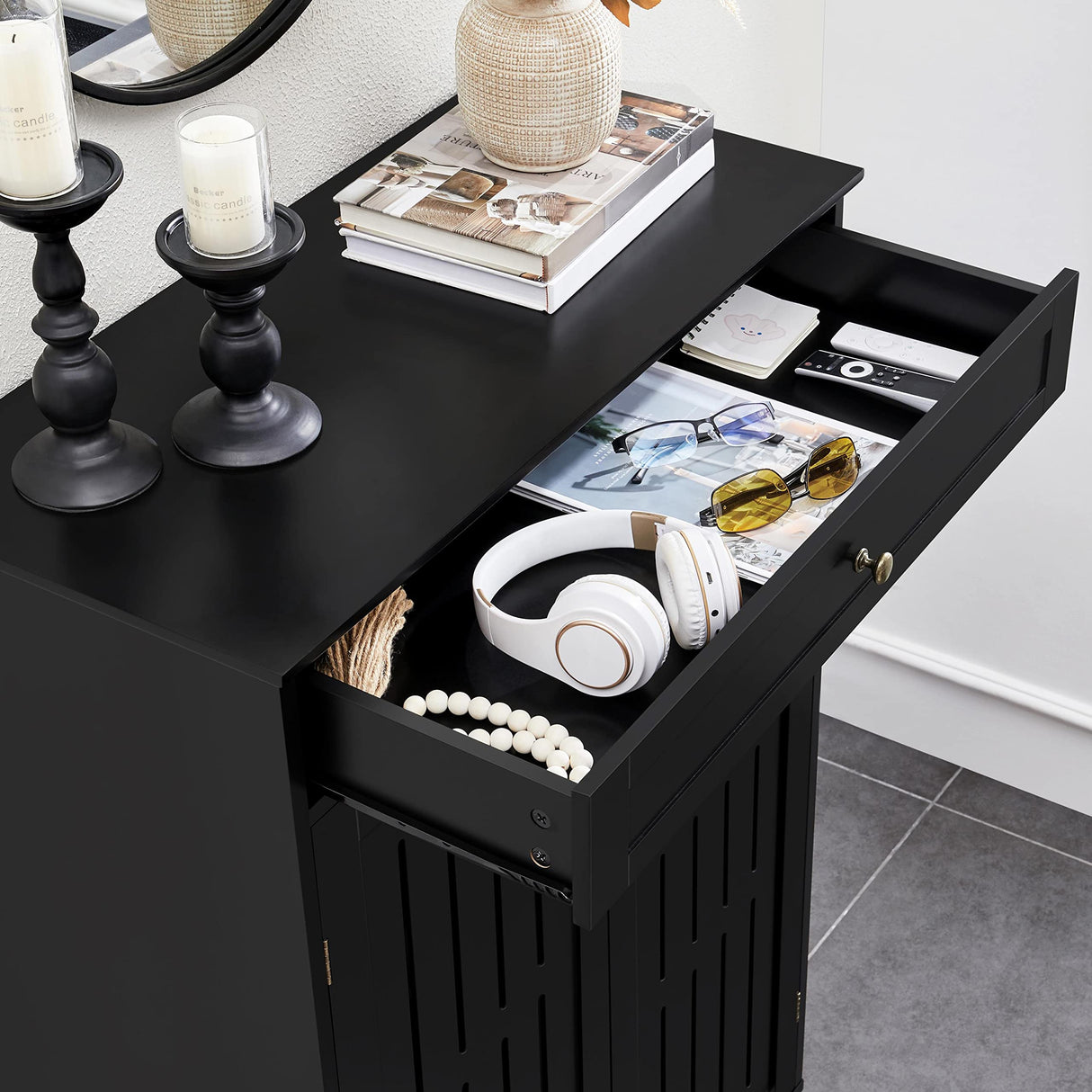 Storage Cabinet Floor Storage Organizer Wooden Cabinet with Drawer 2 Doors for Entryway