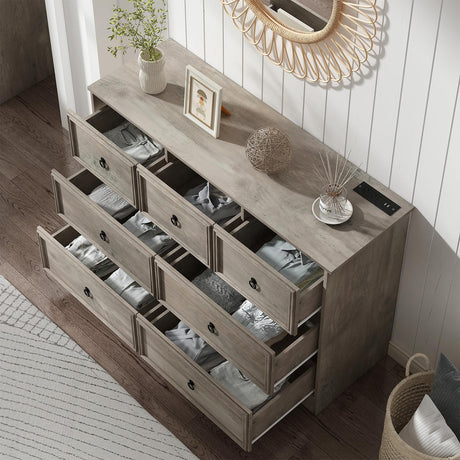 7 Drawers Dresser for Bedroom, Rustic Wood Dresser with Power Outlet, Wide Chest