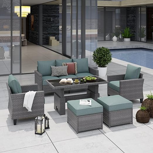 Outdoor Patio Furniture Set 6 Piece Wicker Conversation Set with Lift Coffee Table