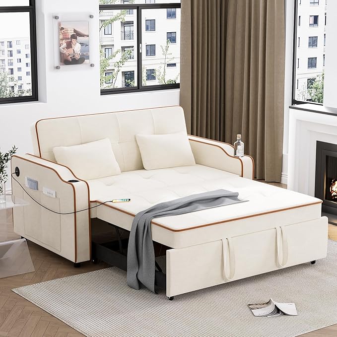 Sleeper Sofa Bed with USB Port, Velvet Pull Out Couch Bed, 3-in-1 Convertible