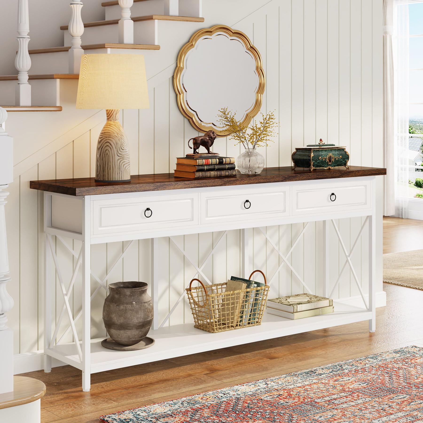 70.8" Console Table with 3 Drawers, Farmhouse Entryway Table with Storage Shelf