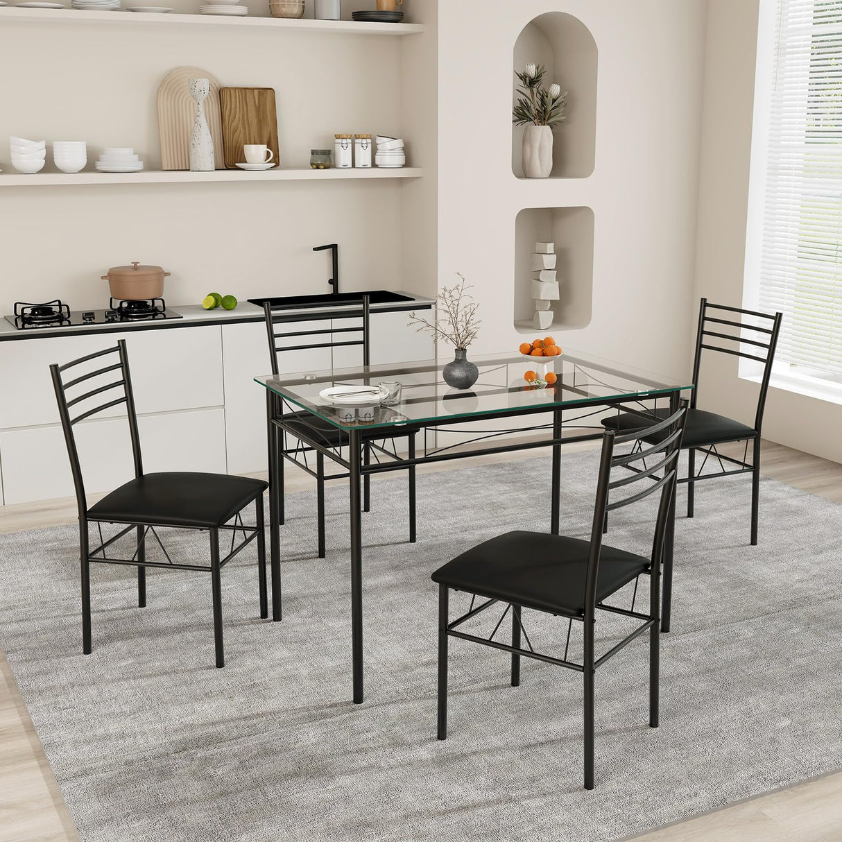 5-Piece Dining Table Set for 4, Modern 3/8'' Tempered Glass Kitchen Room Table