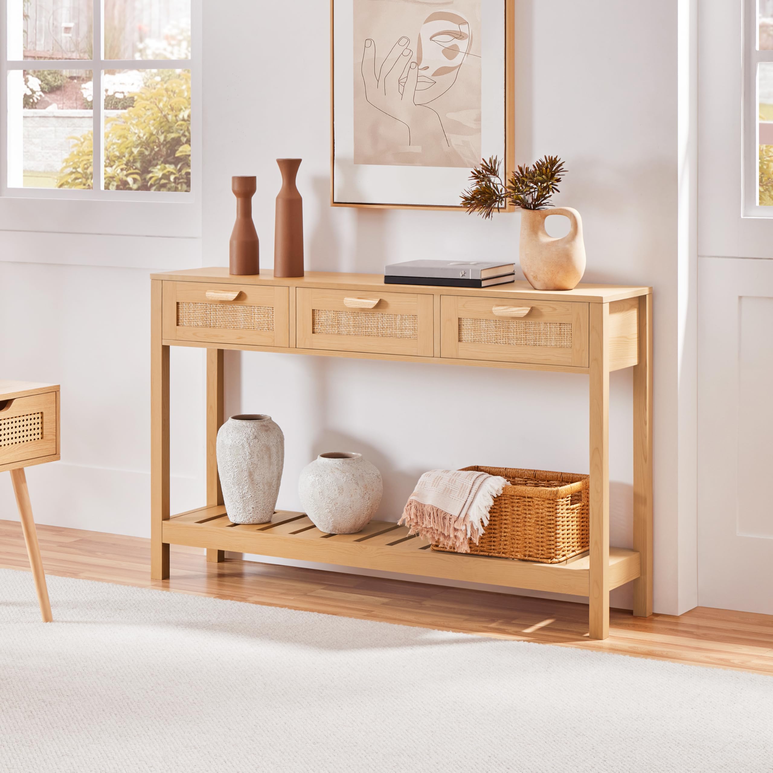 Rattan Console Table, Boho Entryway Table with Storage Drawers and Shelf