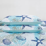 Coastal Quilt Set King Size, Blue Ocean Beach Themed Bedding Set Coral Seashell Conch